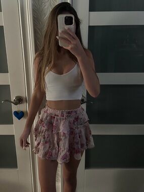 LoveShackFancy Pink Floral Ruffled Mini Skirt